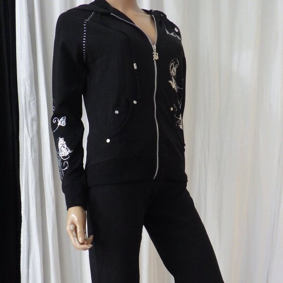 NWT BCBG sz SM MED LG XL 95% cotton BLACK SILVER BUTTERFLY & VINE 2PC TRACKSUIT - Picture 12 of 16